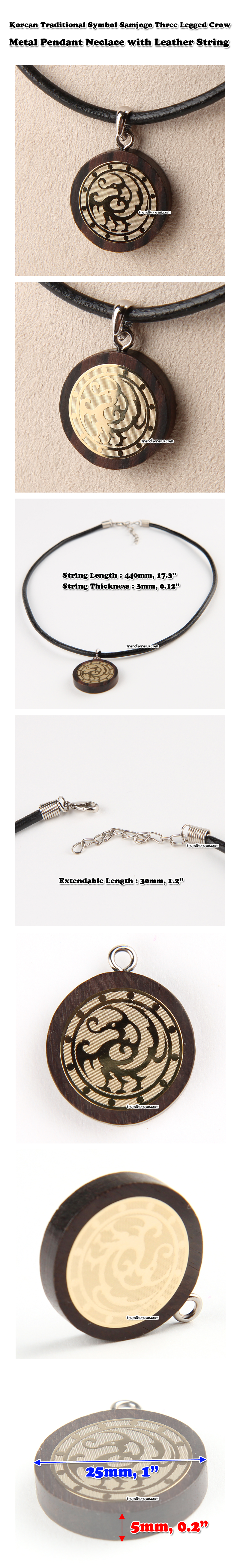 Korean Traditional Symbol Samjogo Three Legged Crow Pendant Fashion Necklace with Leather String Extendable